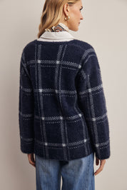 Windowseat Plaid Eyelash Knit Cardigan in Navy, photo 9