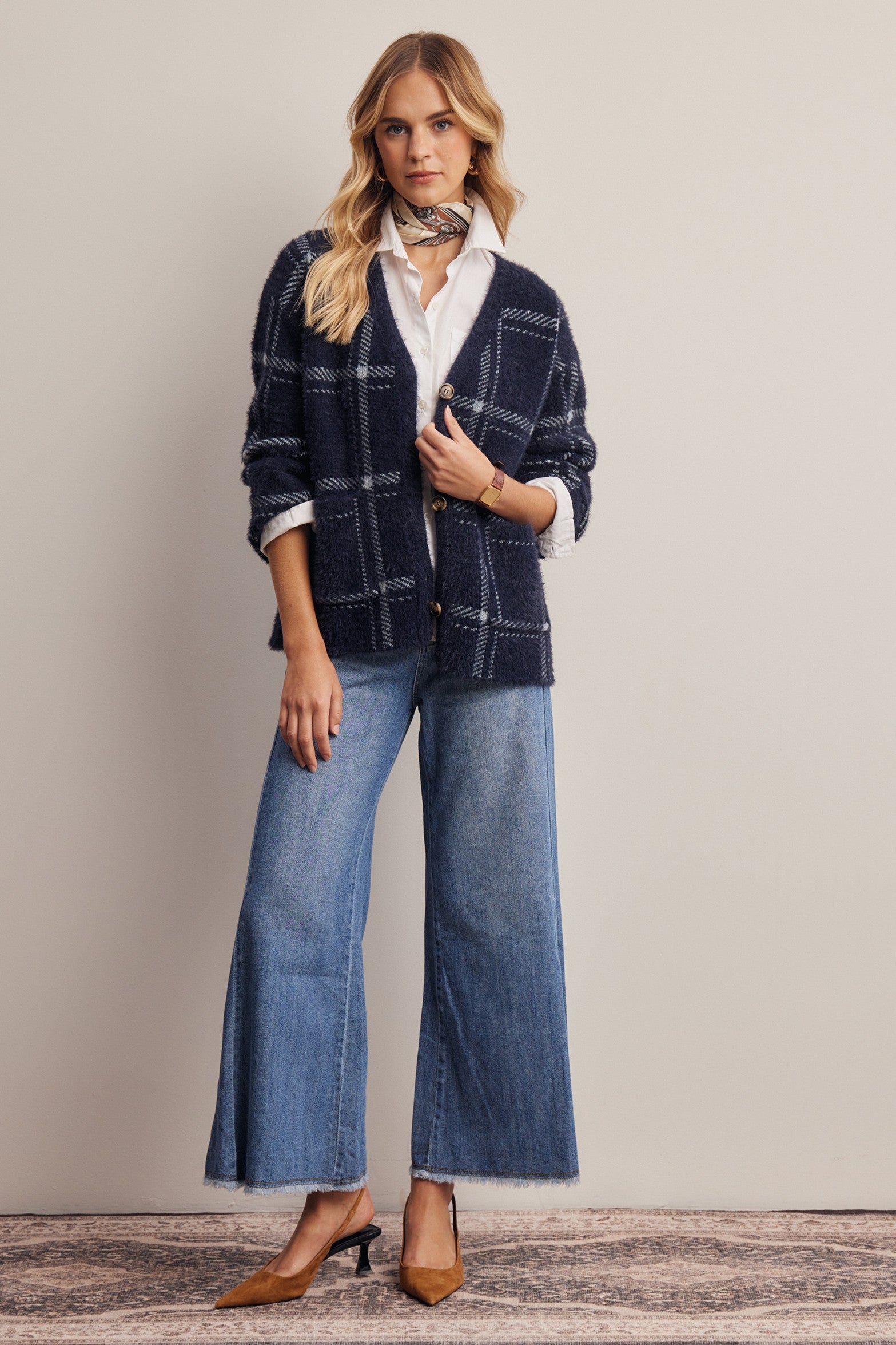 Windowseat Plaid Eyelash Knit Cardigan in Navy, photo 10