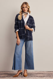 Windowseat Plaid Eyelash Knit Cardigan in Navy, photo 10