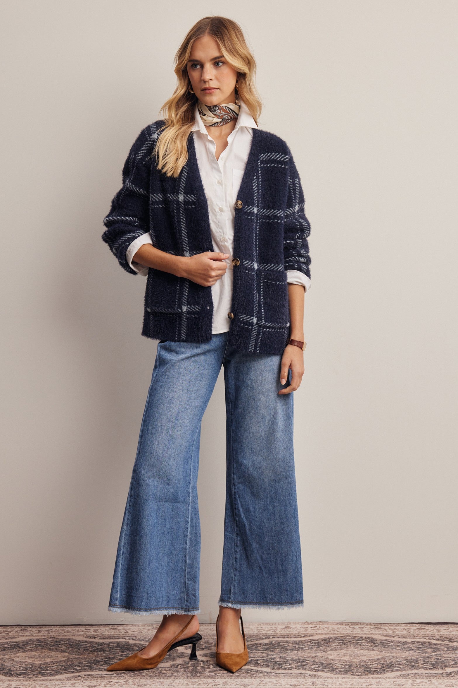 Windowseat Plaid Eyelash Knit Cardigan in Navy, photo 12