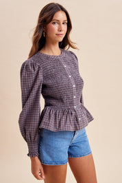 Winslet Plaid Smocked Bodice Peplum Blouse - Westly