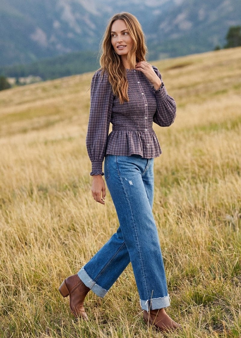 Winslet Plaid Smocked Bodice Peplum Blouse - Westly