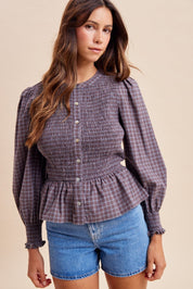 Winslet Plaid Smocked Bodice Peplum Blouse - Westly