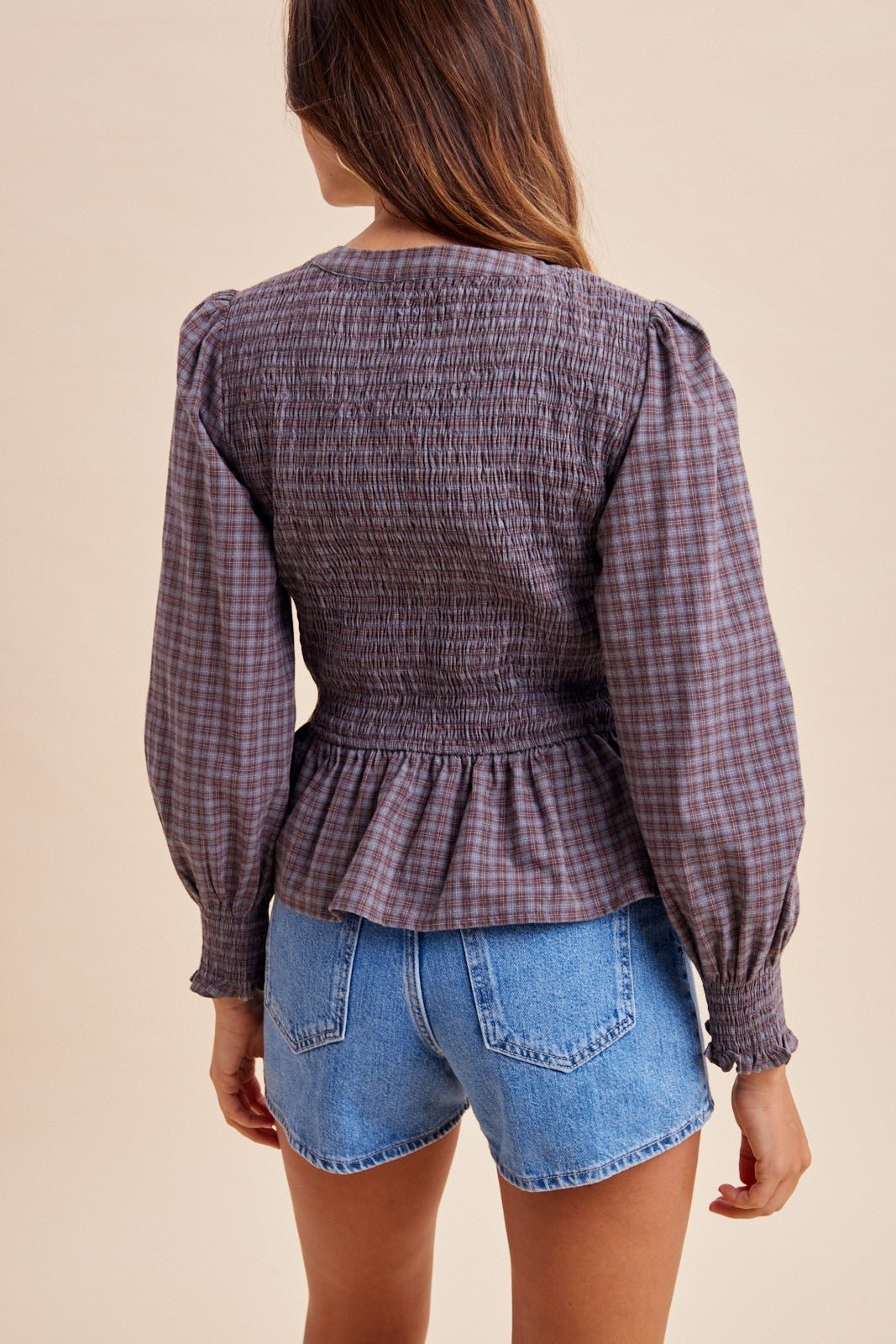 Winslet Plaid Smocked Bodice Peplum Blouse - Westly