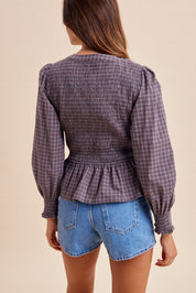 Winslet Plaid Smocked Bodice Peplum Blouse - Westly