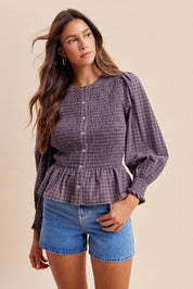 Winslet Plaid Smocked Bodice Peplum Blouse - Westly