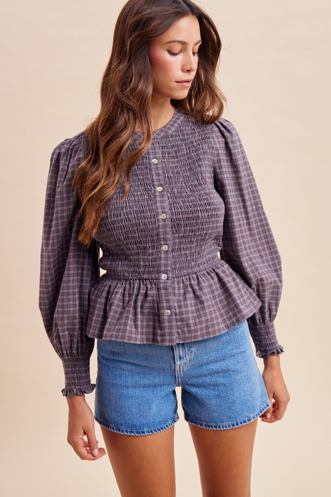 Winslet Plaid Smocked Bodice Peplum Blouse - Westly