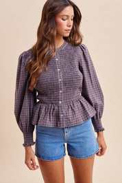 Winslet Plaid Smocked Bodice Peplum Blouse - Westly