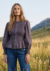 Winslet Plaid Smocked Bodice Peplum Blouse - Westly