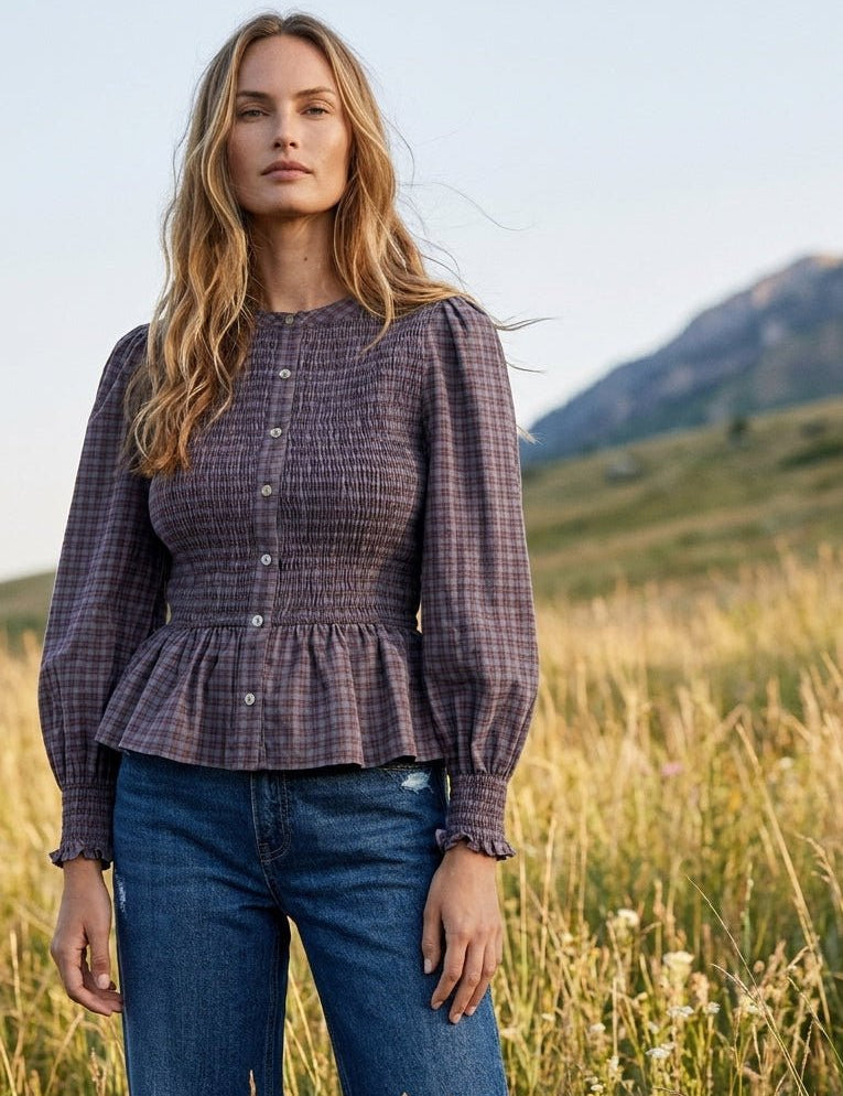 Winslet Plaid Smocked Bodice Peplum Blouse - Westly