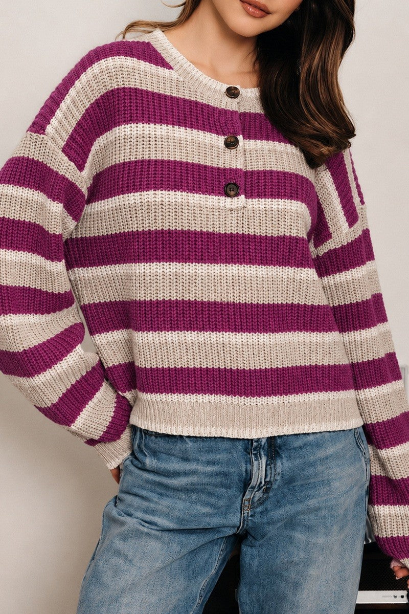 Winsome Striped Henley Sweater - Magenta Multi Stripe