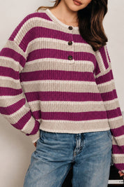 Winsome Striped Henley Sweater - Magenta Multi Stripe