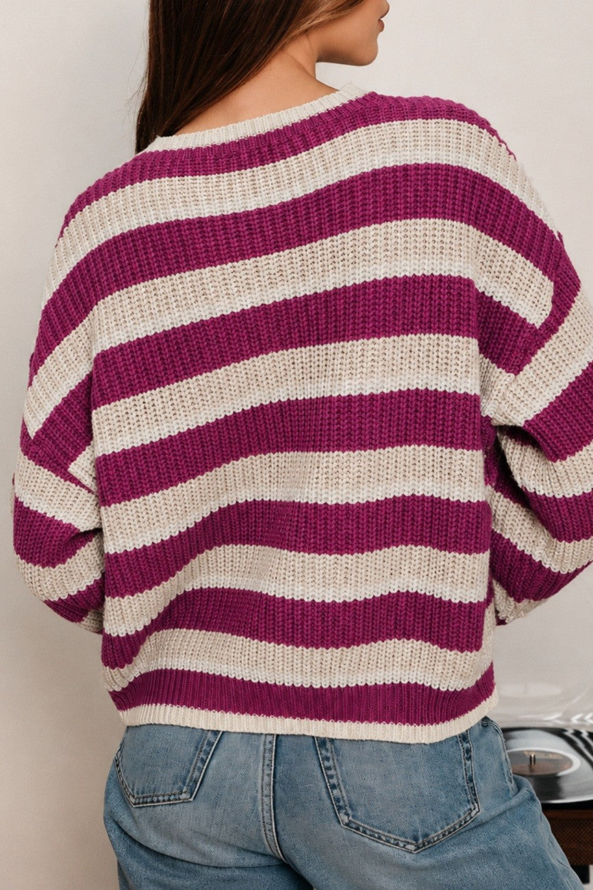 Winsome Striped Henley Sweater - Magenta Multi Stripe