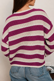 Winsome Striped Henley Sweater - Magenta Multi Stripe
