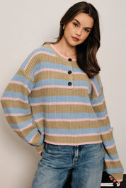 Winsome Striped Henley Sweater - Olive Multi Stripe