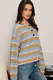 Winsome Striped Henley Sweater - Olive Multi Stripe