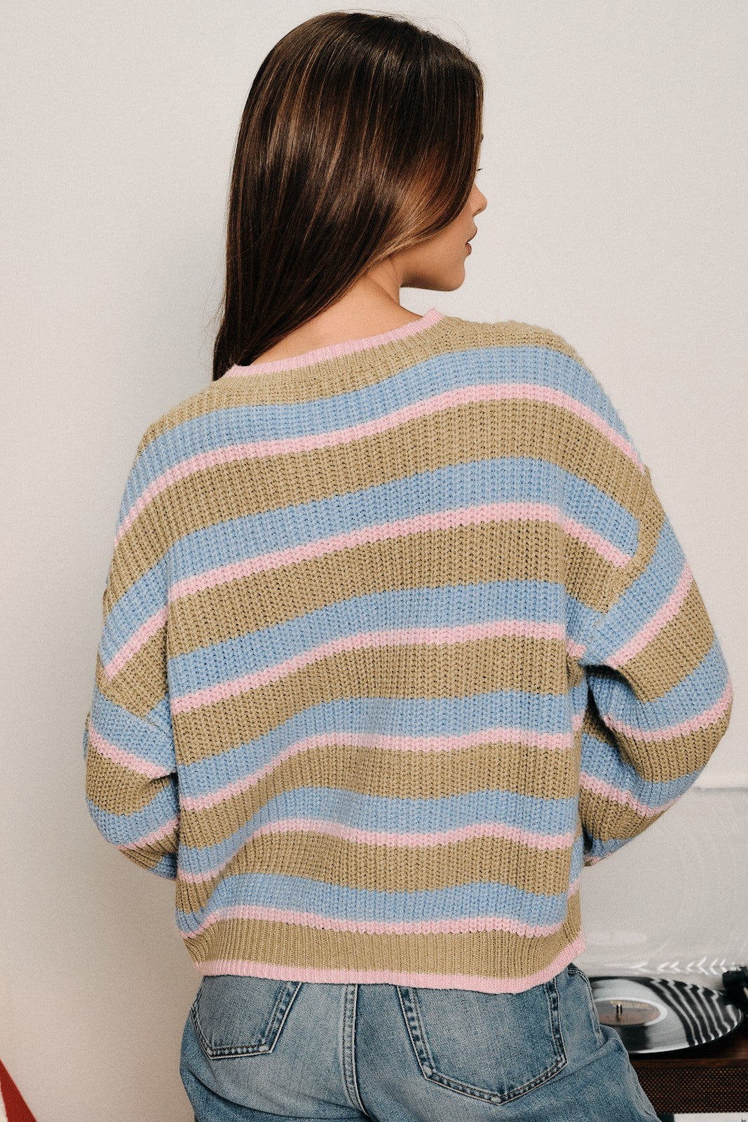 Winsome Striped Henley Sweater - Olive Multi Stripe