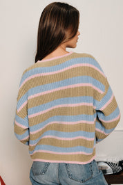 Winsome Striped Henley Sweater - Olive Multi Stripe