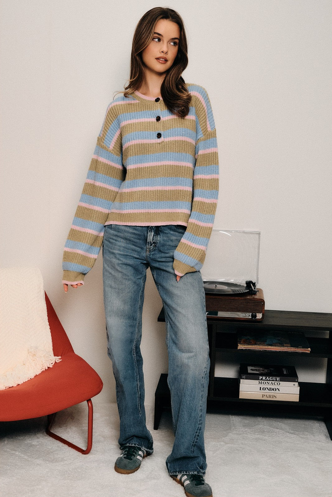 Winsome Striped Henley Sweater - Olive Multi Stripe