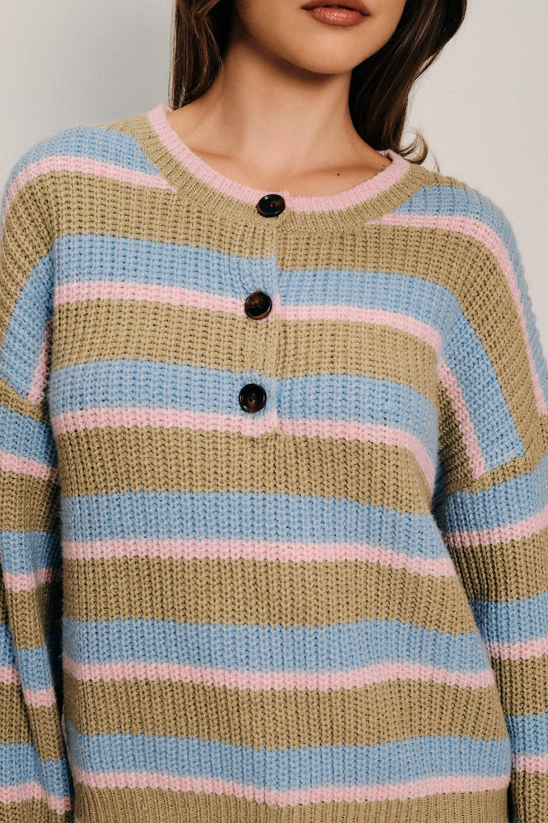 Winsome Striped Henley Sweater - Olive Multi Stripe