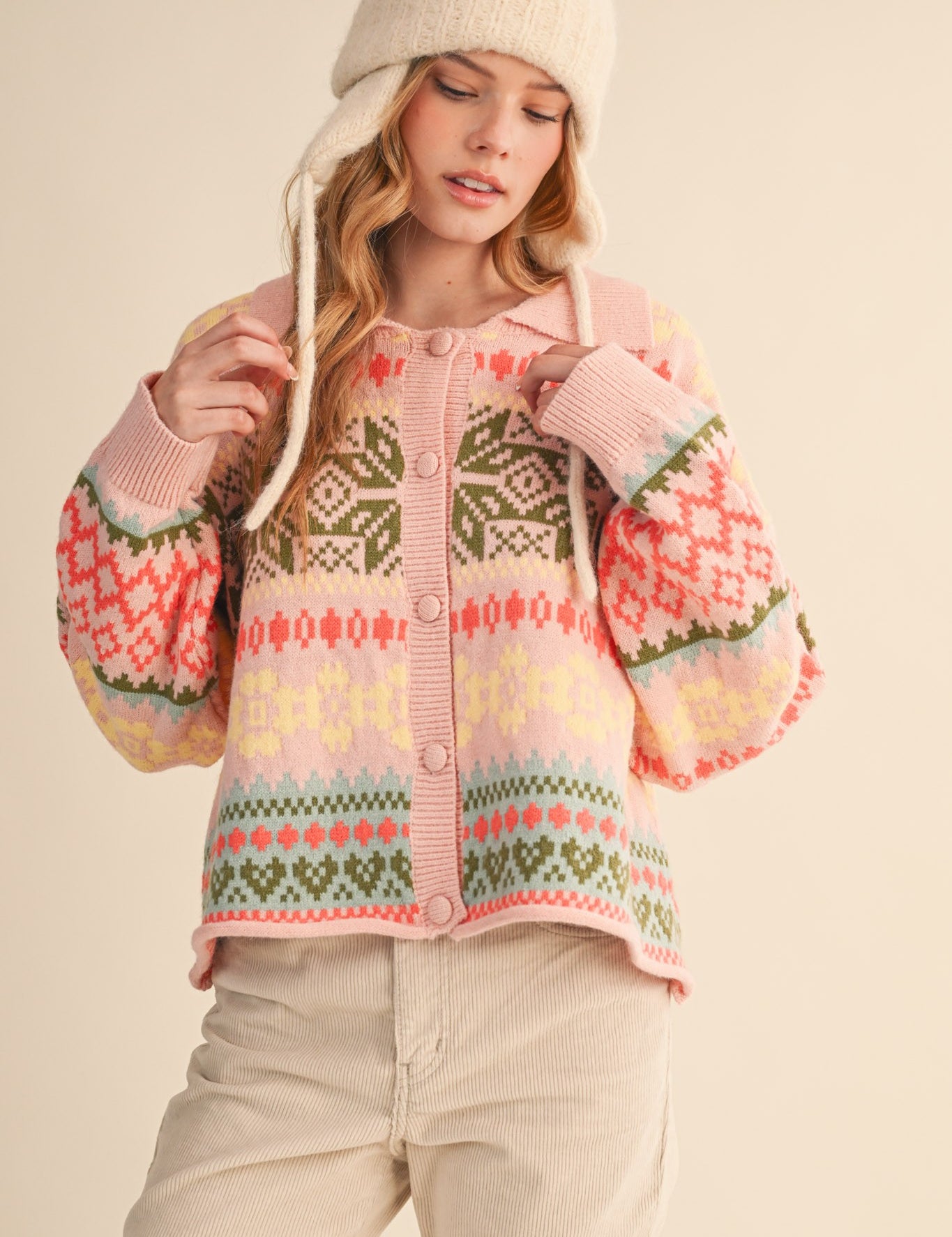 Winter Almanac Fair Isle Cardigan in Blush Pink Multi - product photo 1