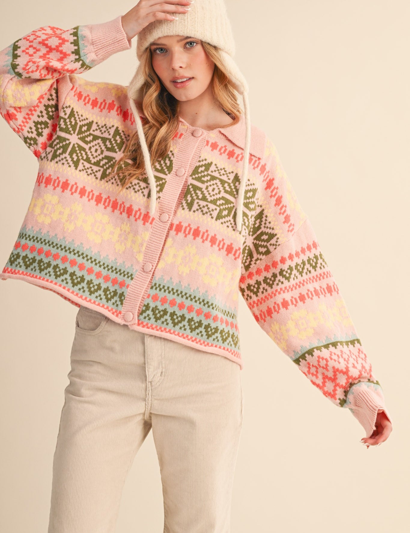 Winter Almanac Fair Isle Cardigan in Blush Pink Multi - product photo 2