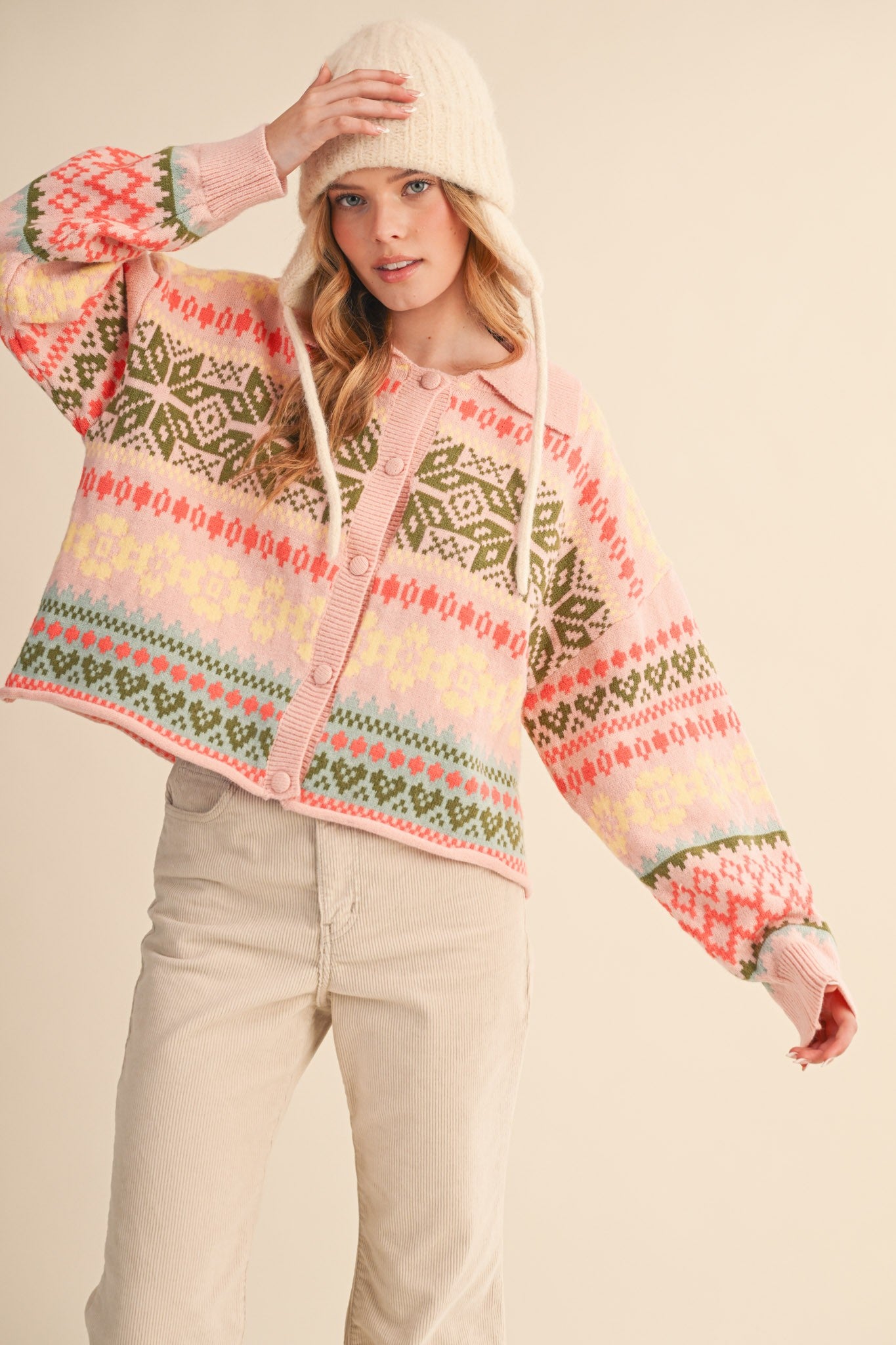 Winter Almanac Fair Isle Cardigan in Blush Pink Multi - product photo 2
