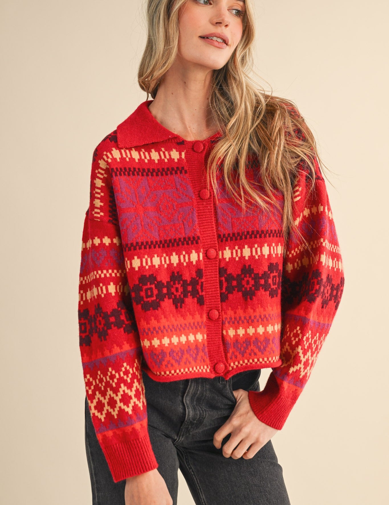 Winter Almanac Fair Isle Cardigan in Terracotta Red Multi - product photo 2
