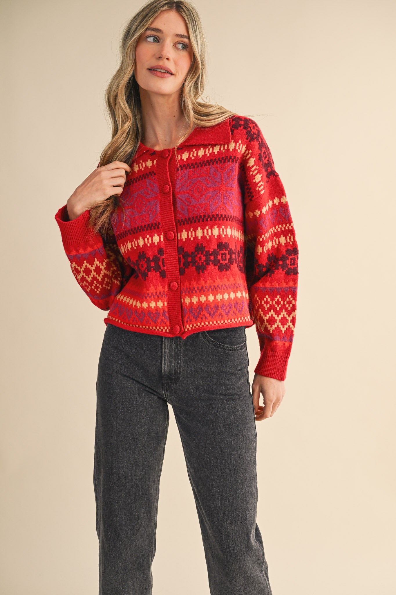 Winter Almanac Fair Isle Cardigan in Terracotta Red Multi - product photo 4