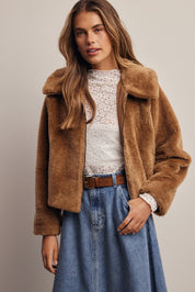 Winterlight Faux Fur Zip-Up Jacket in Golden Brown, photo 1