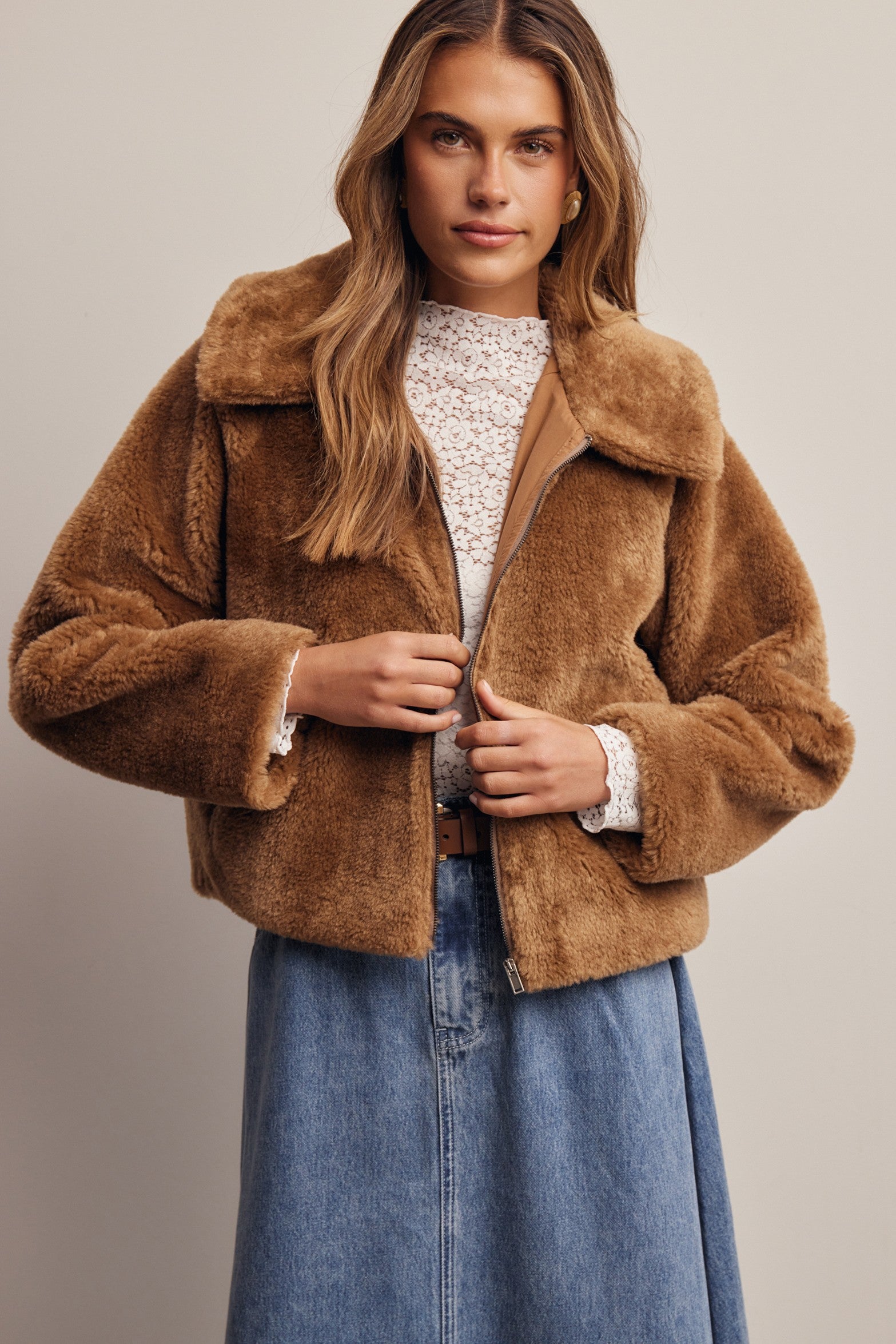 Winterlight Faux Fur Zip-Up Jacket in Golden Brown, photo 2