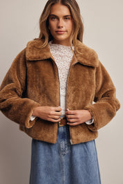Winterlight Faux Fur Zip-Up Jacket in Golden Brown, photo 4
