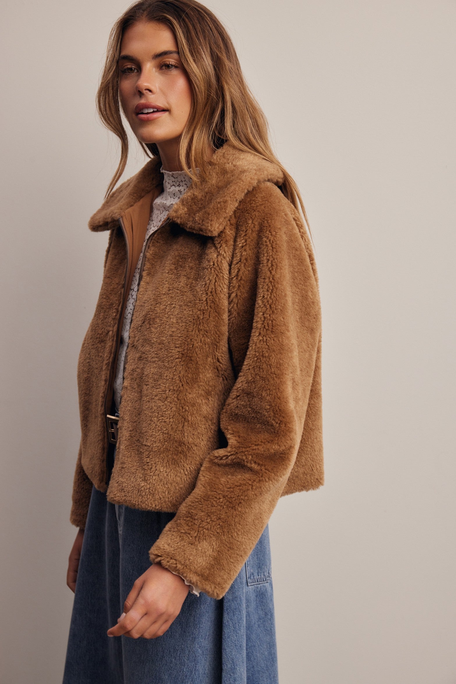 Winterlight Faux Fur Zip-Up Jacket in Golden Brown, photo 8