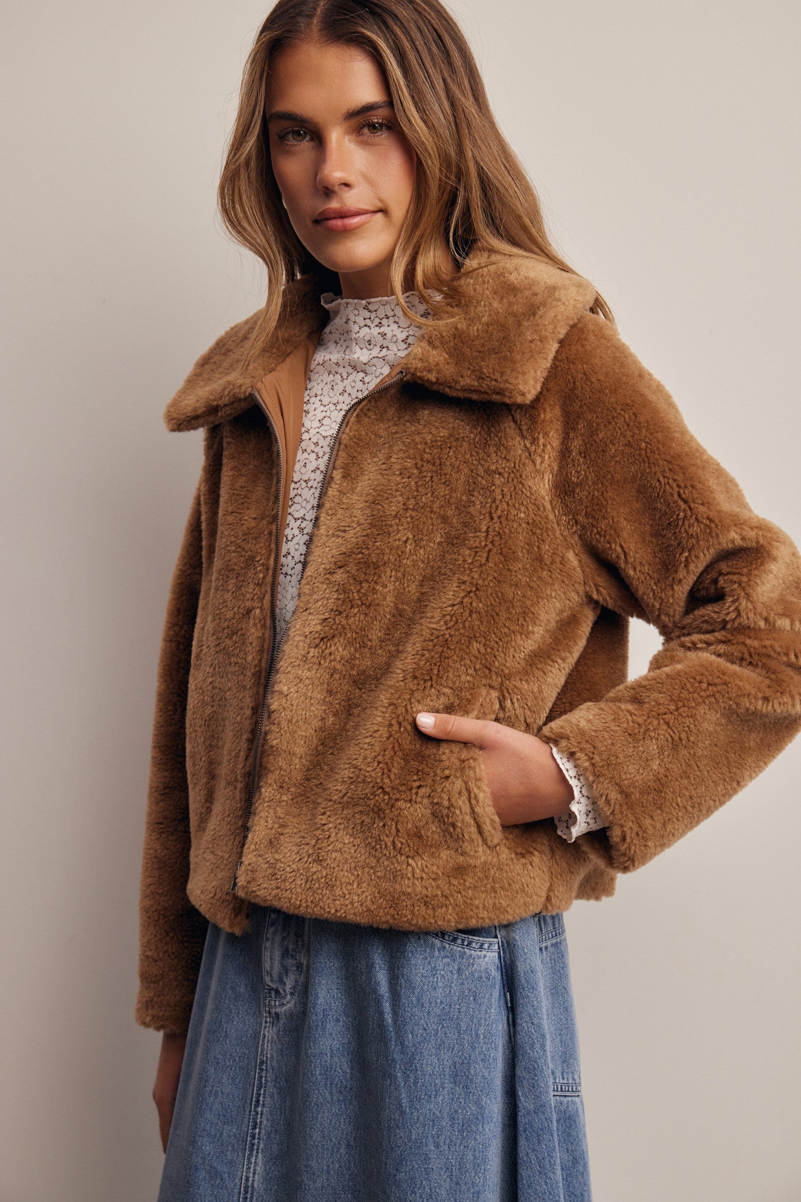 Winterlight Faux Fur Zip-Up Jacket in Golden Brown, photo 9