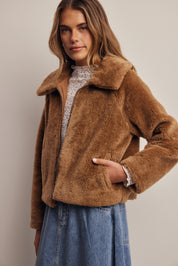 Winterlight Faux Fur Zip-Up Jacket in Golden Brown, photo 9