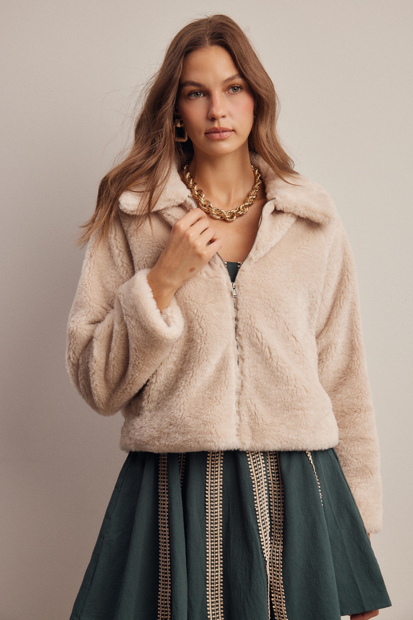 Winterlight Faux Fur Zip-Up Jacket in Ivory, photo 3