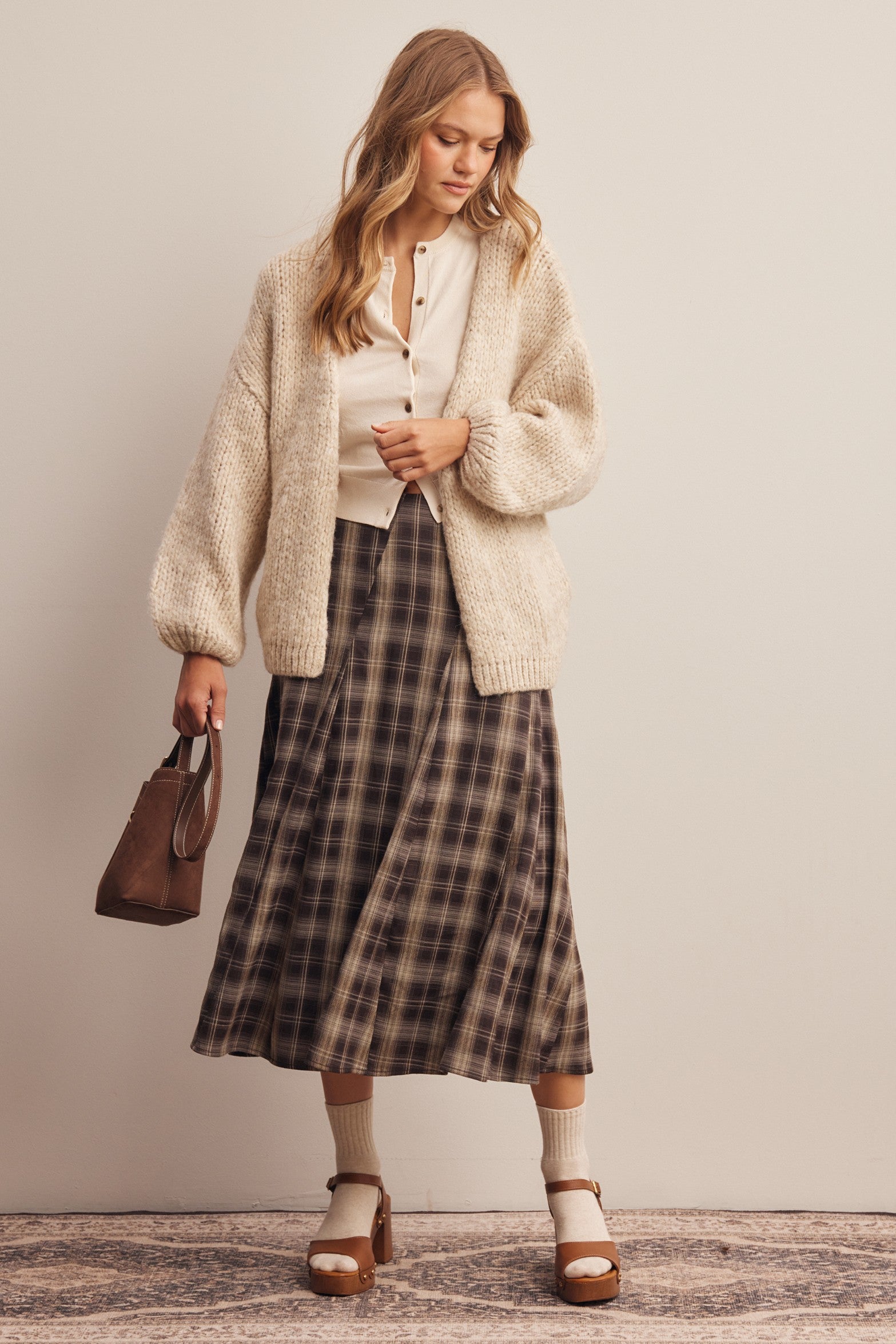 Woodbridge Plaid Midi Skirt in Brown Cream, photo 13