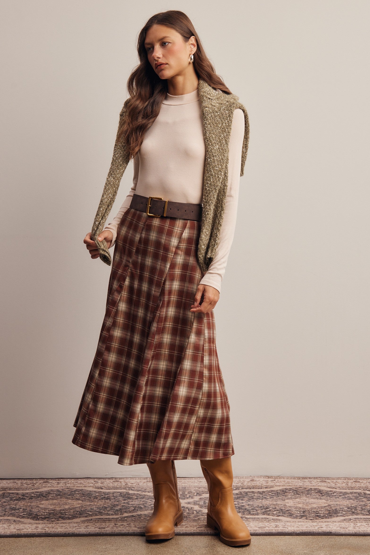 Woodbridge Plaid Midi Skirt in Marsala Ivory, photo 13