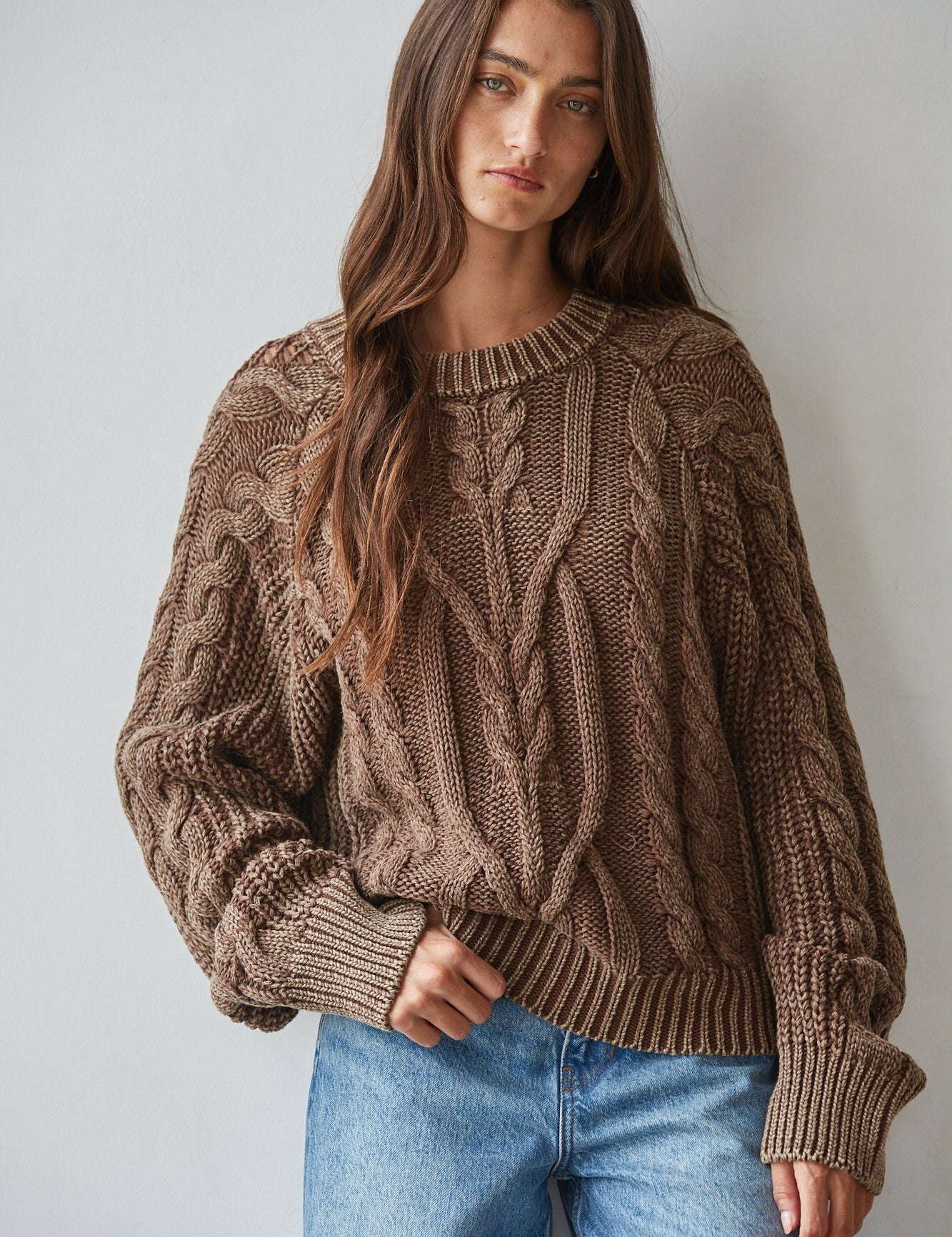 Worn In Cable Knit Sweater in Brown - product photo 1