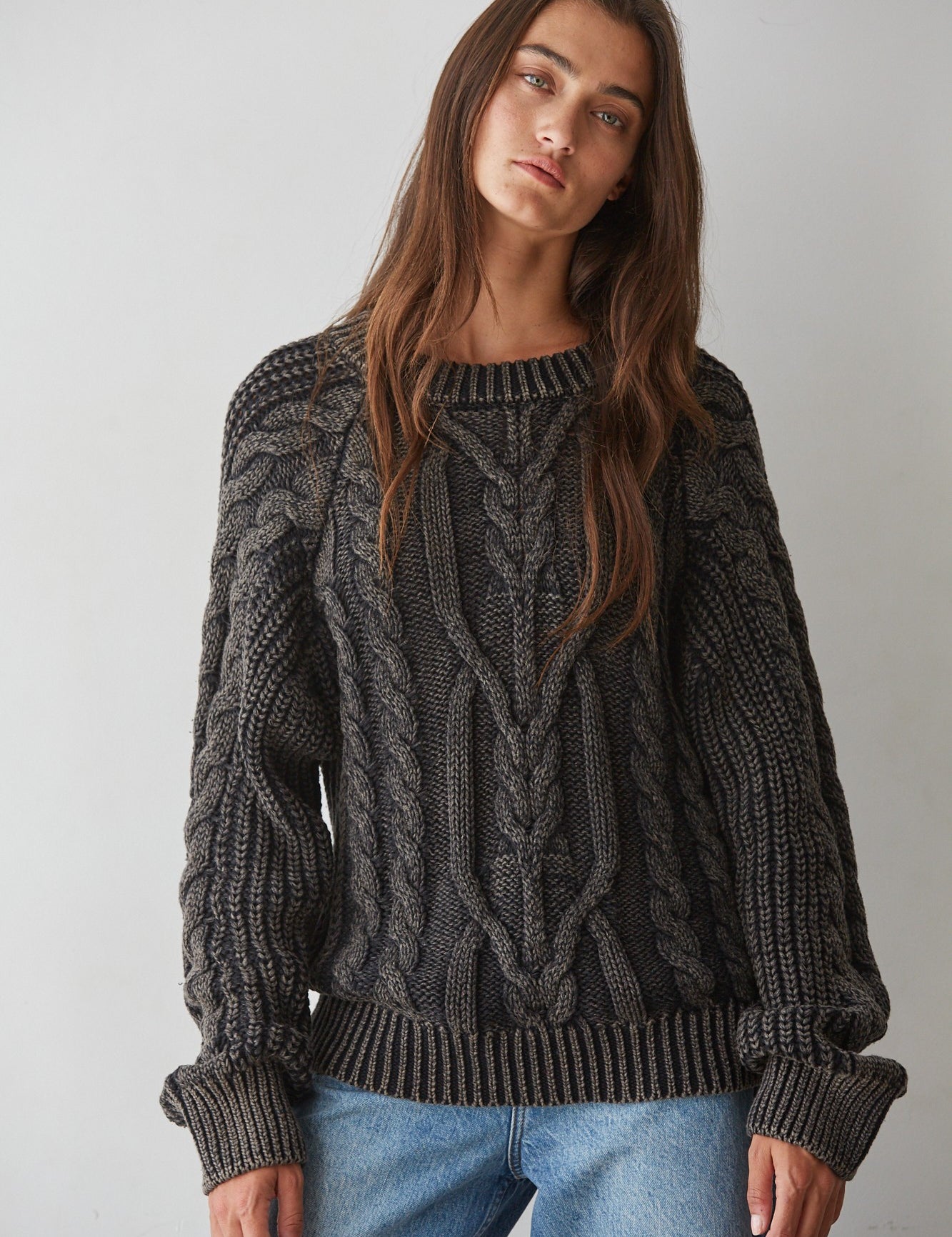 Worn In Cable Knit Sweater in Washed Black - product photo 1