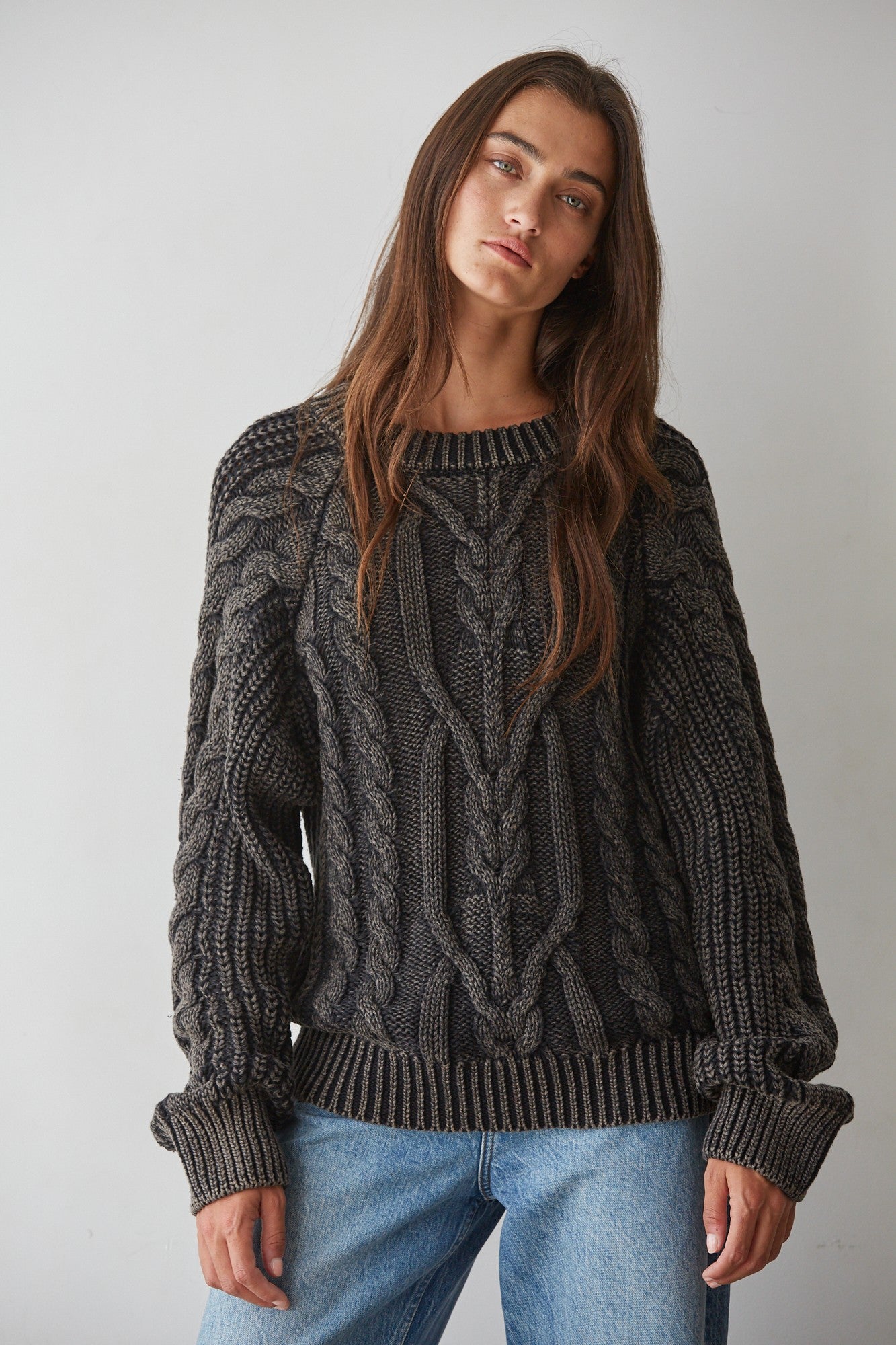 Worn In Cable Knit Sweater in Washed Black - product photo 1