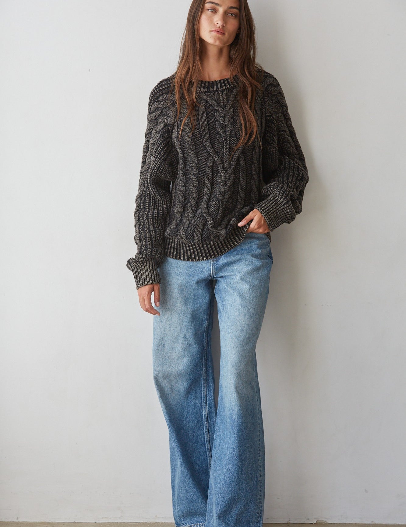 Worn In Cable Knit Sweater in Washed Black - product photo 2