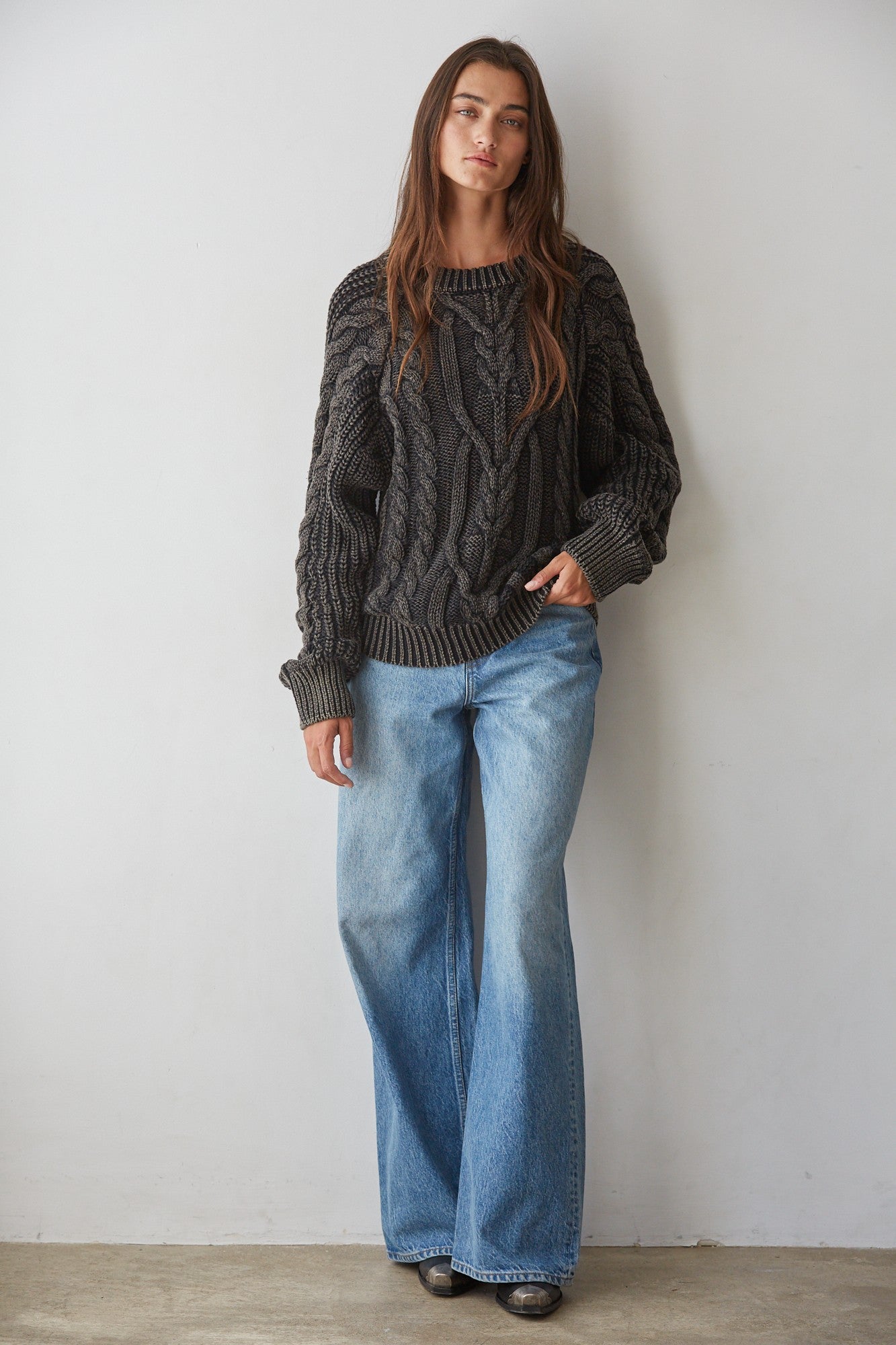 Worn In Cable Knit Sweater in Washed Black - product photo 2