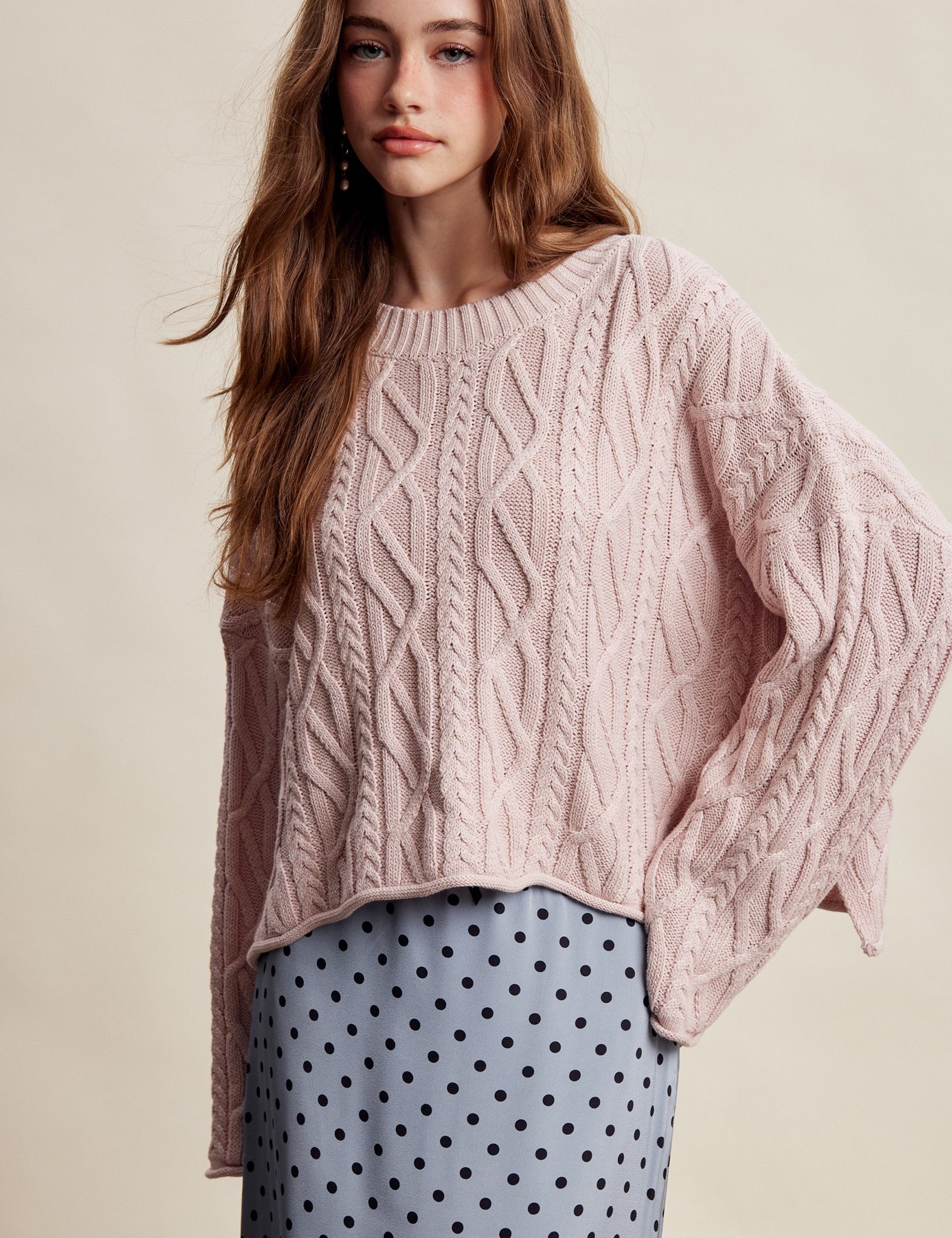Wrenley Oversized Cable Knit Sweater - Blush