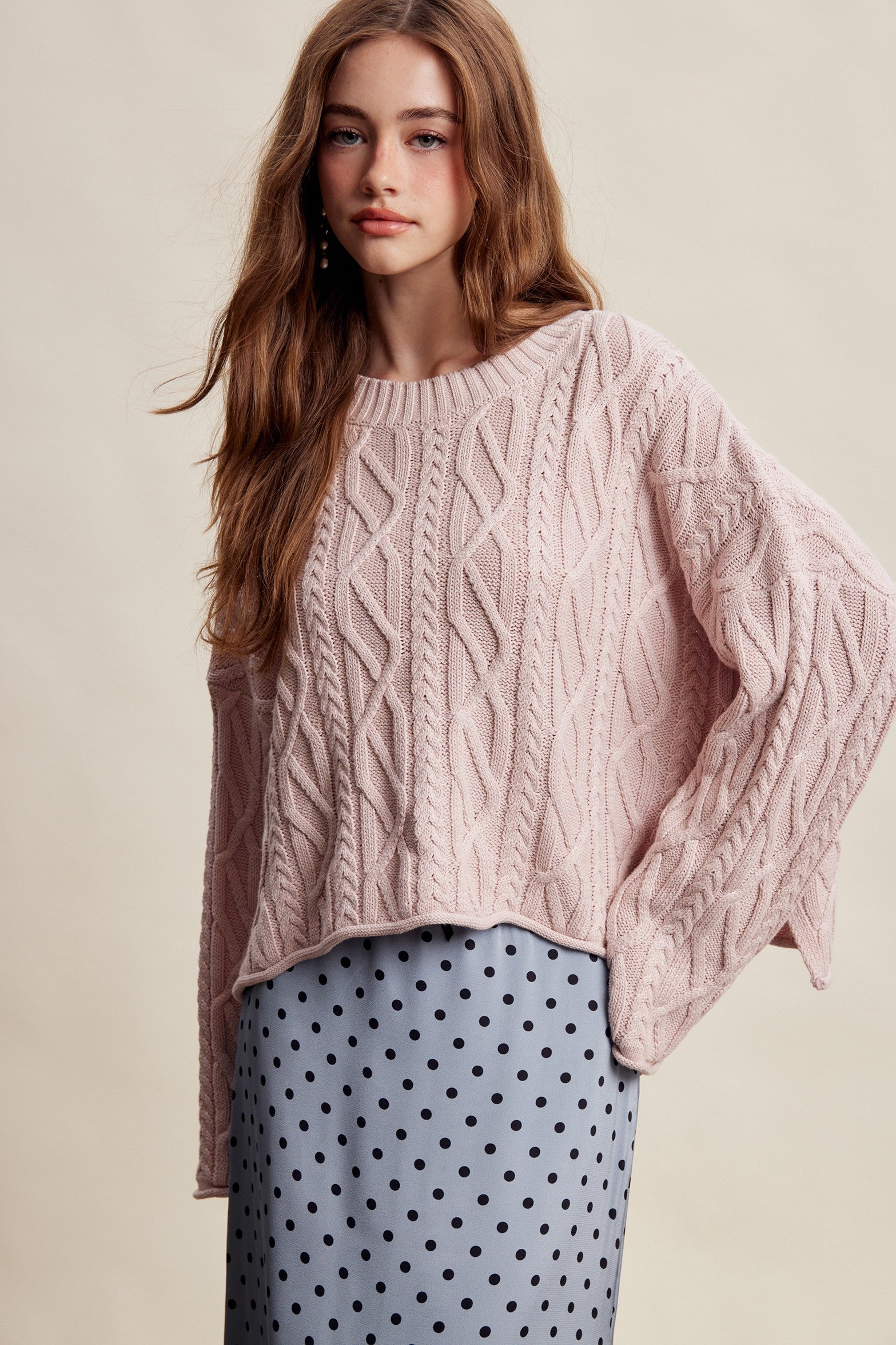Wrenley Oversized Cable Knit Sweater - Blush