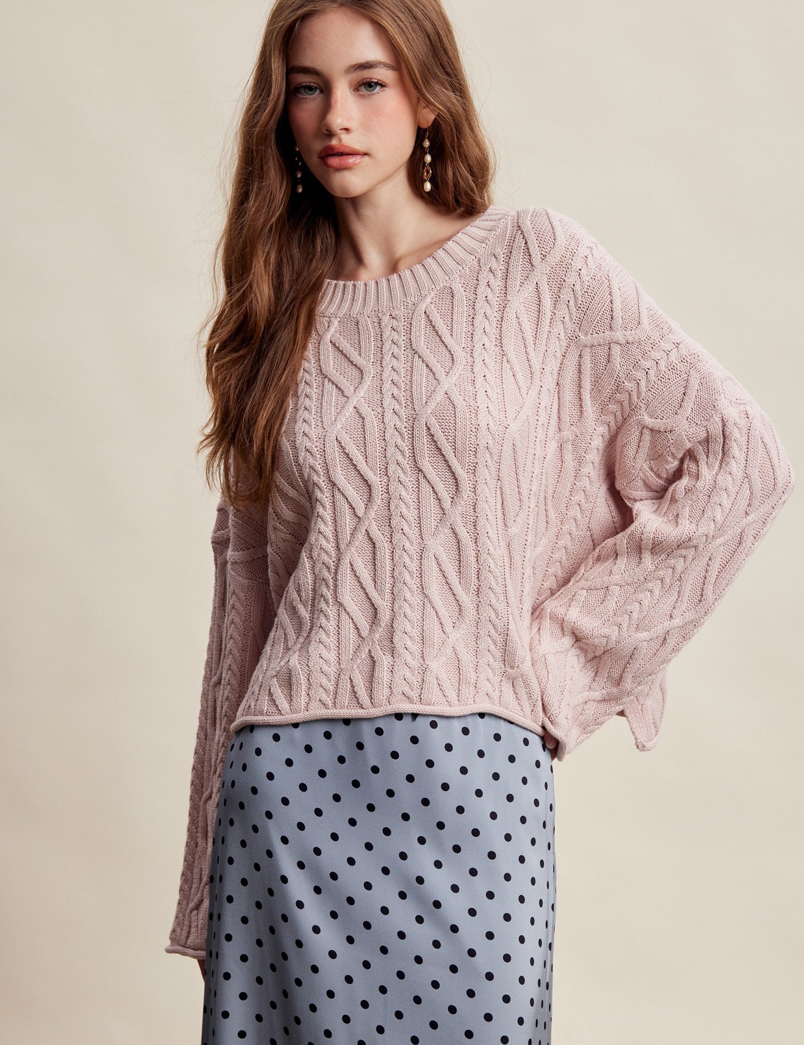 Wrenley Oversized Cable Knit Sweater - Blush