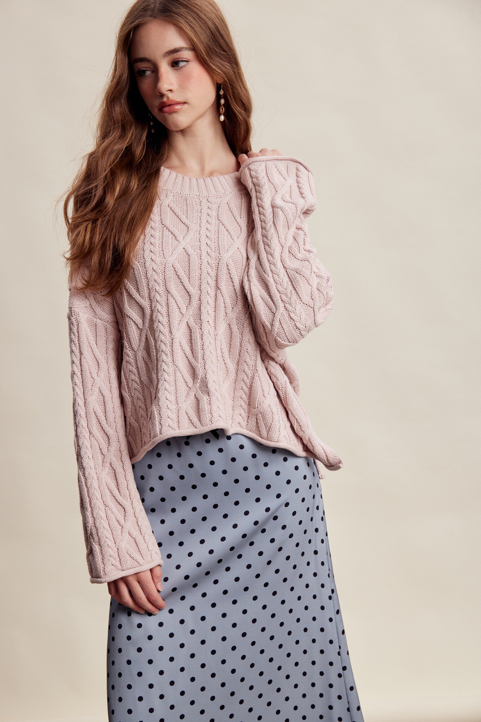 Wrenley Oversized Cable Knit Sweater - Blush