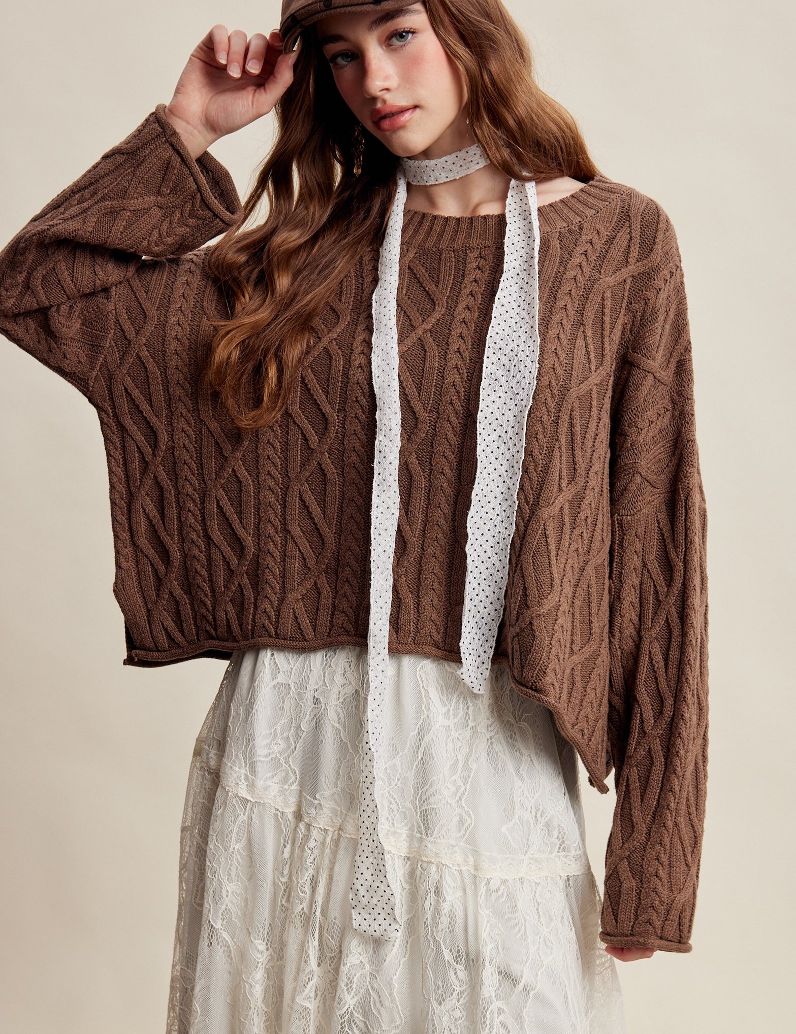 Wrenley Oversized Cable Knit Sweater - Brown