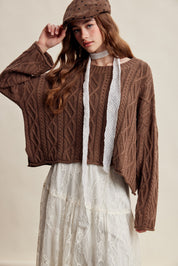 Wrenley Oversized Cable Knit Sweater - Brown