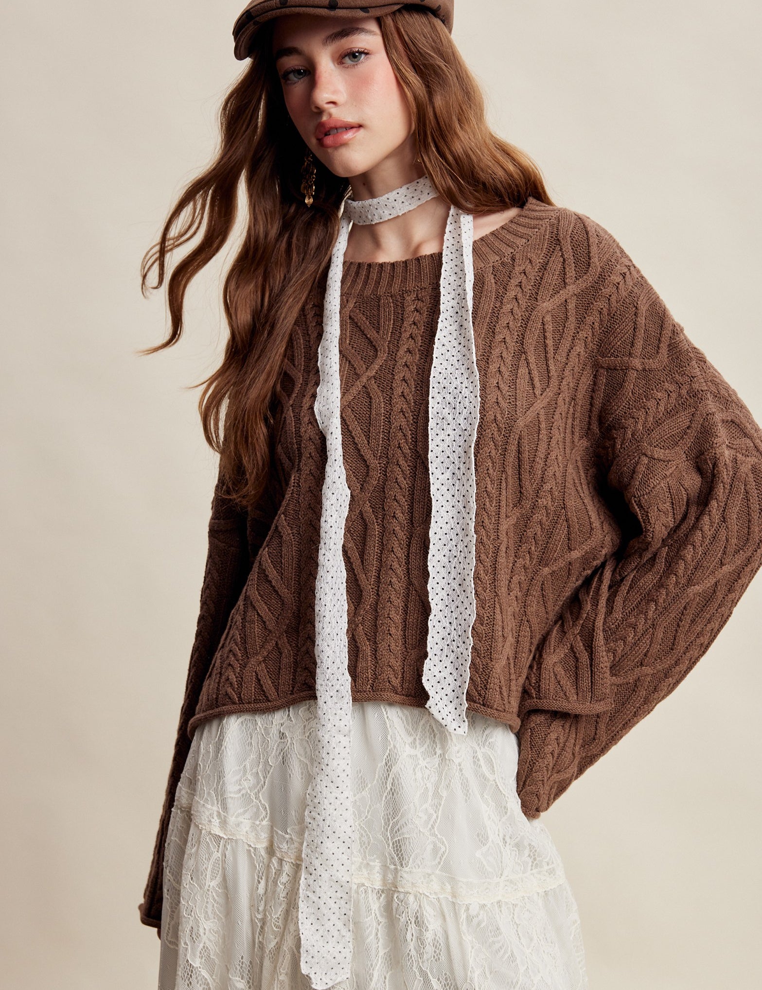 Wrenley Oversized Cable Knit Sweater - Brown